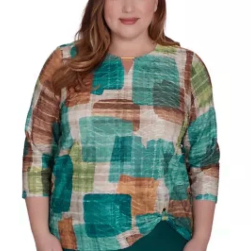 Alfred Dunner green colorblock top Plus Size Abstract Print 3/4 Sleeves